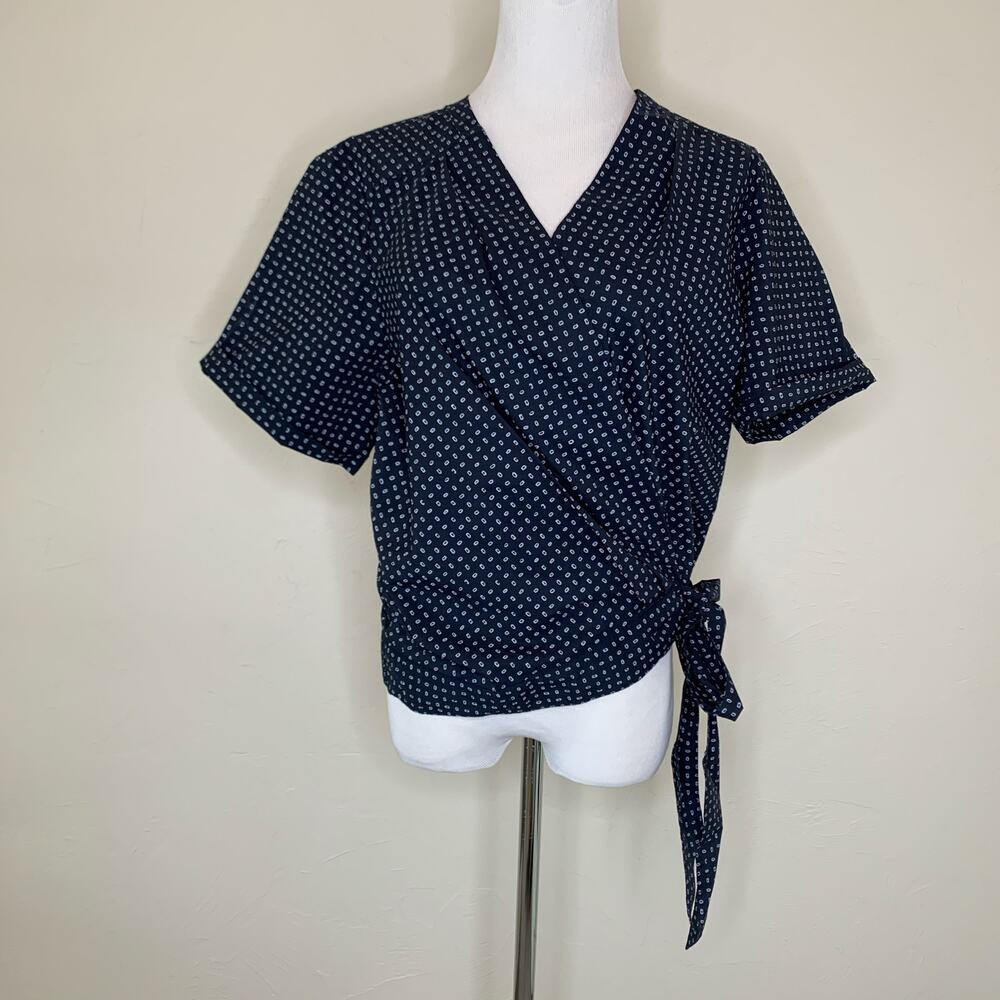 Gap Small Blue Patterned Wrap Top Short Sleeve Cotton Blend
